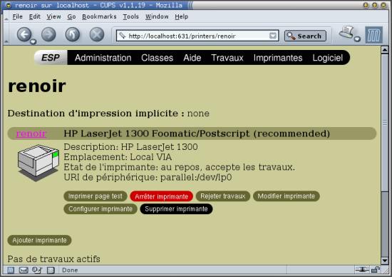 Page de status de l'imprimante