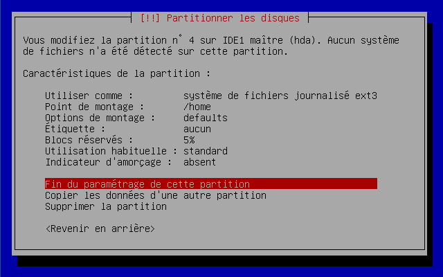 Ecran récapitulatif pour la partition /home