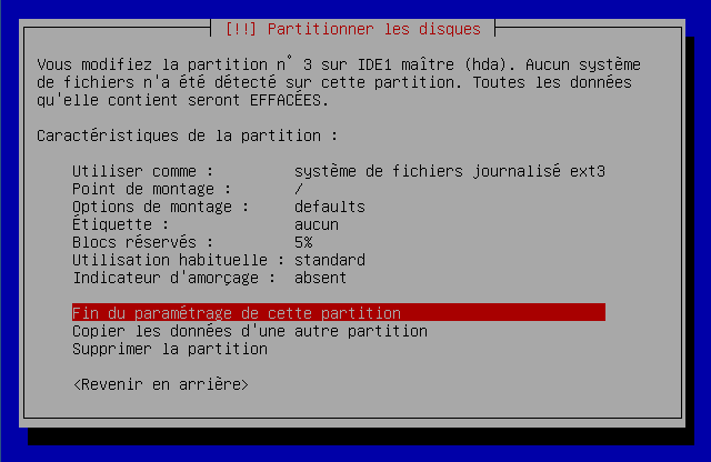 Ecran récapitulatif pour la partition root