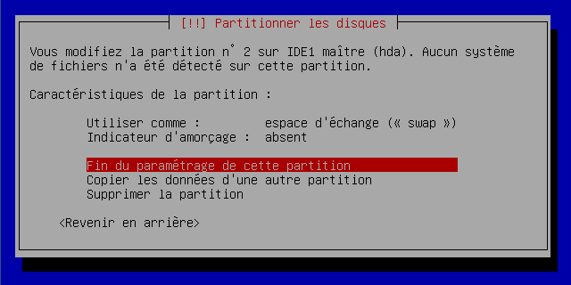 Ecran récapitulatif pour la partition de Swap
