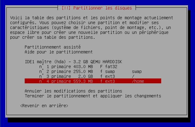Ecran récapitulatif de la future table de partition